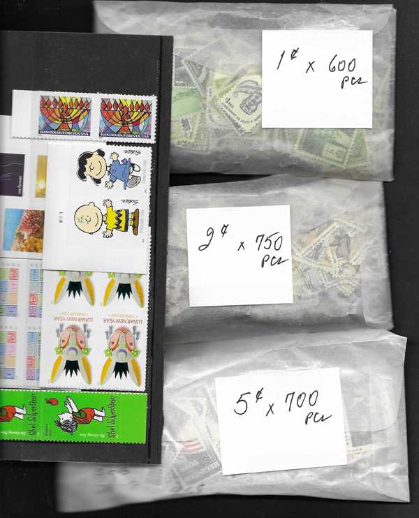 01 cents x 600 pieces 02 cents X 750 pieces 05 cents X 700 pieces 78 cents Forever X 110 pieces include singles, pairs, blocks or coils. All MNH for postage use. Total Face Value is $141.80 You pay only $92.15