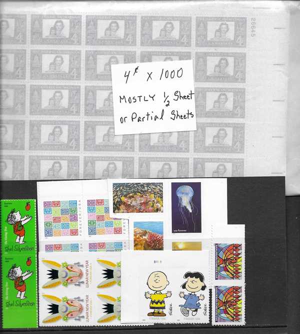 04 cents x 1000 pieces 78 cents Forever X 130 pieces include singles, pairs, blocks or coils. All MNH for postage use. Total Face Value is $141.40 You pay only $91.95