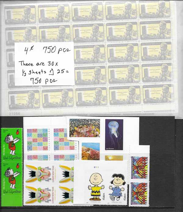 04 cents x 750 pieces 78 cents Forever X 130 pieces include singles, pairs, blocks or coils. All MNH for postage use. Total Face Value is $131.40 You pay only $85.45
