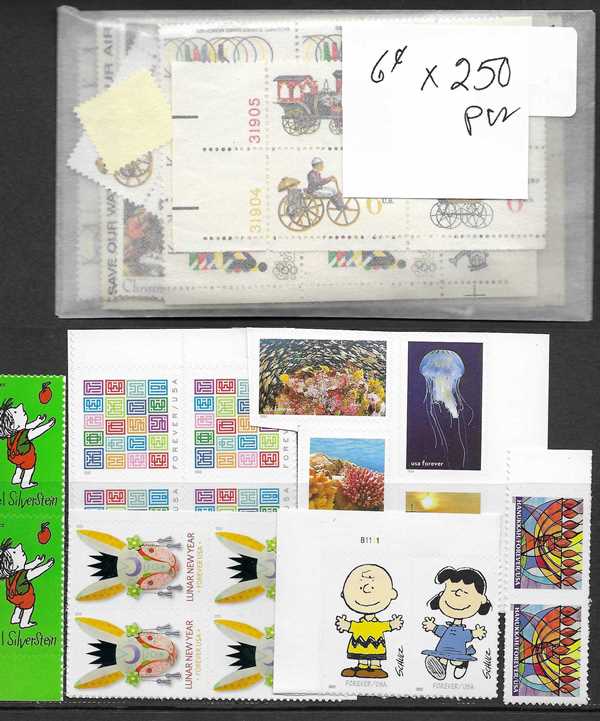 06 cents x 250 pieces 78 cents Forever X 200 pieces include singles, pairs, blocks or coils. All MNH for postage use. Total Face Value is $171.00 You pay only $111.11