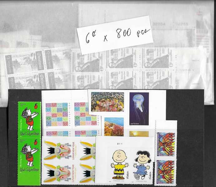 06 cents x 800 pieces 78 cents Forever X 110 pieces include singles, pairs, blocks or coils. All MNH for postage use. Total Face Value is $133.80 You pay only $86.95